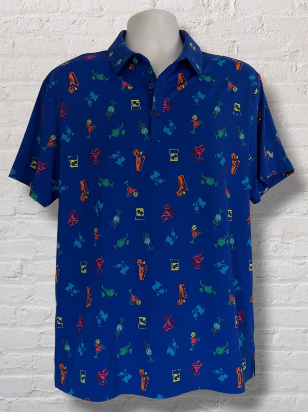 BirdieBound Golf Polo Men’s L Blue Cocktail Novelty Print Stretch Performance